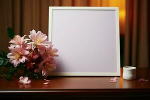 Frame with no content sits on a gleaming table next to a blossoming flower AI Generated photo