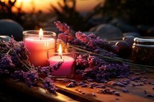 Meditative ambiance, flickering candle, stones, and lavender create a tranquil setting  AI Generated photo