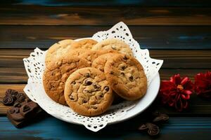 Flat lay scene cookies on a plate, paper, and wooden background harmony AI Generated photo