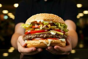 A tantalizing close up of a beefy burger gripped by a mans hungry hands AI Generated photo