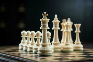 Side view of a chessboard illustrates a strategic business concept with figures AI Generated photo