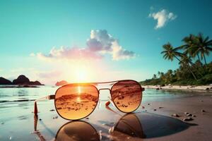 Beachfront paradise through shades Sunglasses capture sunset, palm trees, and relaxation AI Generated photo