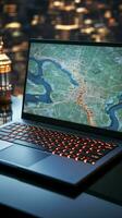 Connected travel, laptop with GPS concept, featuring map pointer on screen Vertical Mobile Wallpaper AI Generated photo