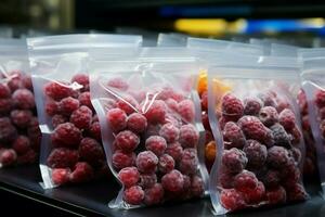 Plastic bags of frozen berries displayed tidily on a supermarkets cold shelf AI Generated photo