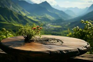 Blend of nature Wooden table against mountain and grass ideal for product design AI Generated photo