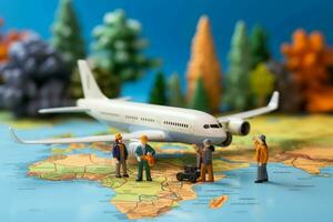 Miniature figures, representing male and female travelers, stand near a world map and airplane AI Generated photo