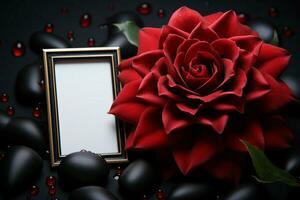 Red flower commands attention within a black framed front view photograph AI Generated photo