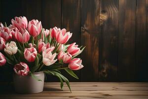 plano laico manojo de rosado y blanco tulipanes en resistido madera ai generado foto