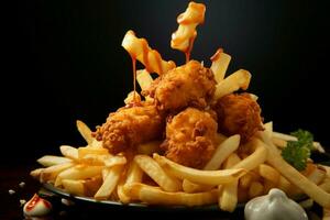 Tempting arrangement showcases fried chicken and fries, a feast for the senses AI Generated photo