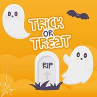 Halloween vector illustration with ghost, bat and grave. Trick or treat