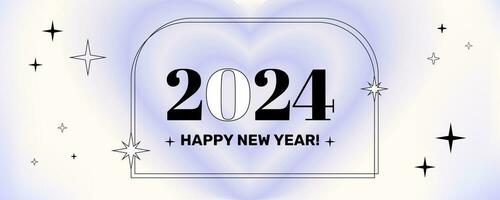 New 2024 year postcard in a retro y2k aesthetic, party banner, greeting, invitation, vector art with graphic shapes, frames and stars on a blurred background.