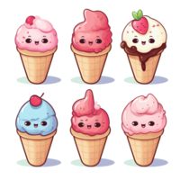 kawaii la glace crème cône personnages mignonne et coloré visages de congelé délice png