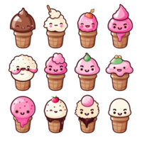 Kawaii Ice Cream Cone Characters Cute and Colorful Faces of Frozen Delight png