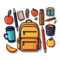 Get Ready for School Yellow Backpack and Surrounding School Supplies in Vibrant Display png