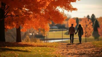 Couple walking in park with fall foliage photo