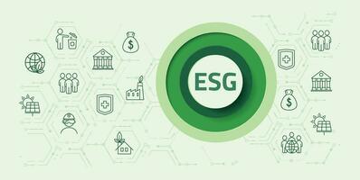 ESG. Environmental, Social and Governance. Banner, vector illustration in a circle on a green background. The concept of responsible business.
