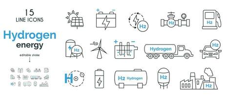 A set of linear icons related to hydrogen energy. Clean energy. vector