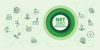 Net zero and carbon neutral concept. Hexagon banner on green background. Net zero greenhouse gas emissions target. vector