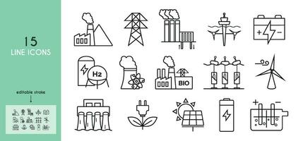 Power plant line icons set. Electrical wires, electric pole, coal, geothermal, solar, wind, nuclear, hydro, biomass, wave, tidal power plants. Electrolysis. vector