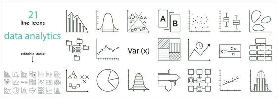 A set of data analytics icons. Linear regression, distribution density, heat map, testing, time series, correlation coefficient, classification, regression analysis, linked data, clustering, trends vector