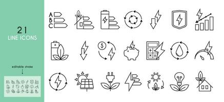 Energy Saving Icon Set. Battery, power level, piggy bank, calculator, lightning, energy protection, shield. Energy efficiency. Sustainable development. vector