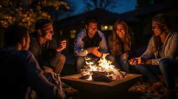 Friends roasting marshmallows by fire pit photo