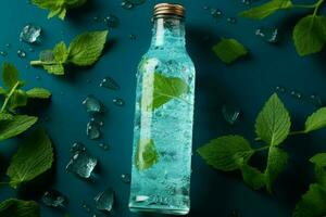 Icy water bottle adorned with mint leaves, glistening from condensation and droplets AI Generated photo