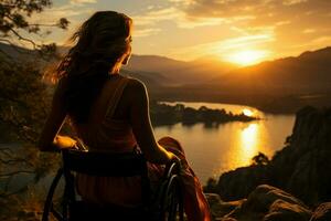 Ocean sunset backdrop accentuates female wheelchair users silhouette, arms outstretched AI Generated photo