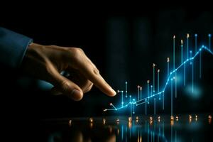 Businessmans hand sketches a light arrow graph, signifying financial achievement AI Generated photo