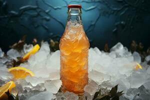 Glass bottle with a zesty orange drink and crushed ice inside AI Generated photo