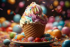 Sprinkle spectacle colorful ice cream cone graces table, inviting delightful indulgence AI Generated photo