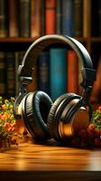 Online linguistic exploration, audiobooks concept, presented with books and headphones Vertical Mobile Wallpaper AI Generated photo