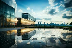 Dominating skyline, a sprawling modern office building defines urban elegance and efficiency. AI Generated photo