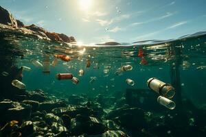 ambiental crisis desde encima Oceano y agua contaminado por el plastico y residuos ai generado foto