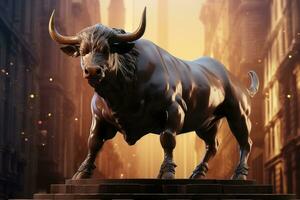 Dominant bull statue fronts stocks, graph vector, encapsulating market optimism with realism AI Generated photo