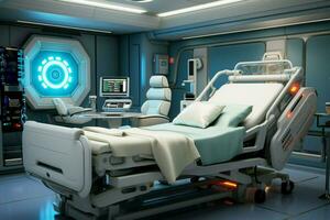 Medical room accommodates bed and table, designed for efficient patient comfort AI Generated photo