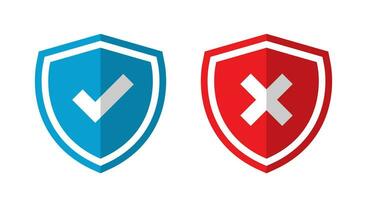 Shield with check and x cross icon vector in flat style