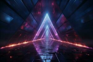 Futuristic neon lights outline a geometric triangle, an ideal backdrop for modern visuals. AI Generated photo