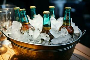 hielo envuelto cubo enfría cerveza lleno botellas, asegurando un escarchado y satisfactorio bebida ai generado foto