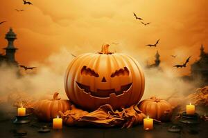 Pumpkin mystique 3D background melds cloud smoke, pumpkin podium for Halloween themed showcase AI Generated photo