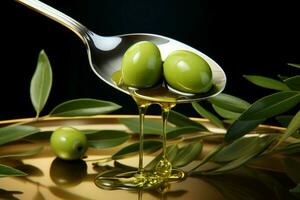 A graceful olive branch accompanies a jet of olive oil and a spoon AI Generated photo