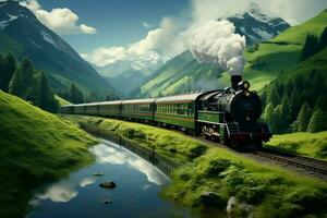Mountain scaped horizon frames train with verdant front, a tranquil rail expedition AI Generated photo