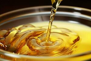 Closeup The graceful pour of cooking oil into a gleaming glass bowl AI Generated photo