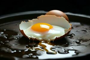 A broken chicken egg displayed on a somber black plate, raw vulnerability AI Generated photo