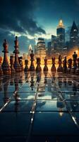 Generative AI conjures chess pieces amidst a futuristic city skyline Vertical Mobile Wallpaper AI Generated photo