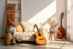 A guitar adorns the modern, inviting interior of the cozy living room. AI Generated photo