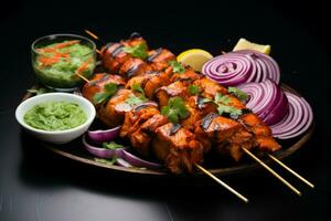 Flavorful charmers Indian chicken tikka kebabs, roasted, accompanied by chutney and onions AI Generated photo