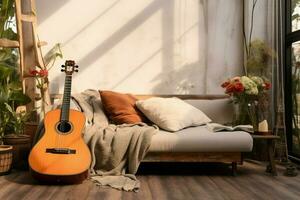 A modern living room, cozy and inviting, featuring a guitar as decor. AI Generated photo