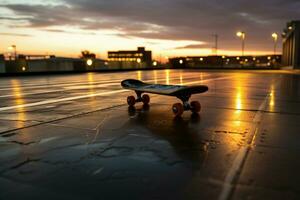 un detallado ver de un patineta pista, capturar sus urbano ambiente ai generado foto