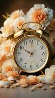 Clock and Ranunculus flowers grace white wooden table timetraveling decor Vertical Mobile Wallpaper AI Generated photo